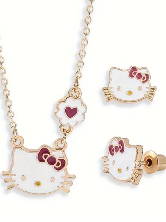 Hello Kitty Jewelry - Hello Kitty White and Pink Gold-Tone Necklace & Earrings Set